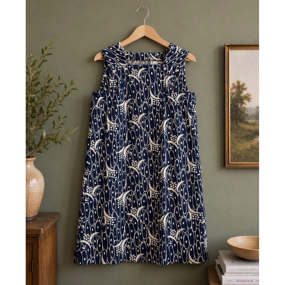 Vintage Blue White Abstract Corn Dress Sleeveless Mod Button Detail